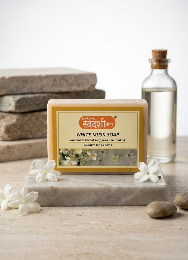 Adhunik Swadeshi Bhandar White Musk Soap – Handmade Herbal Bath Bar with Essential Oils for Soft & Long-Lasting Fragrance(125g)