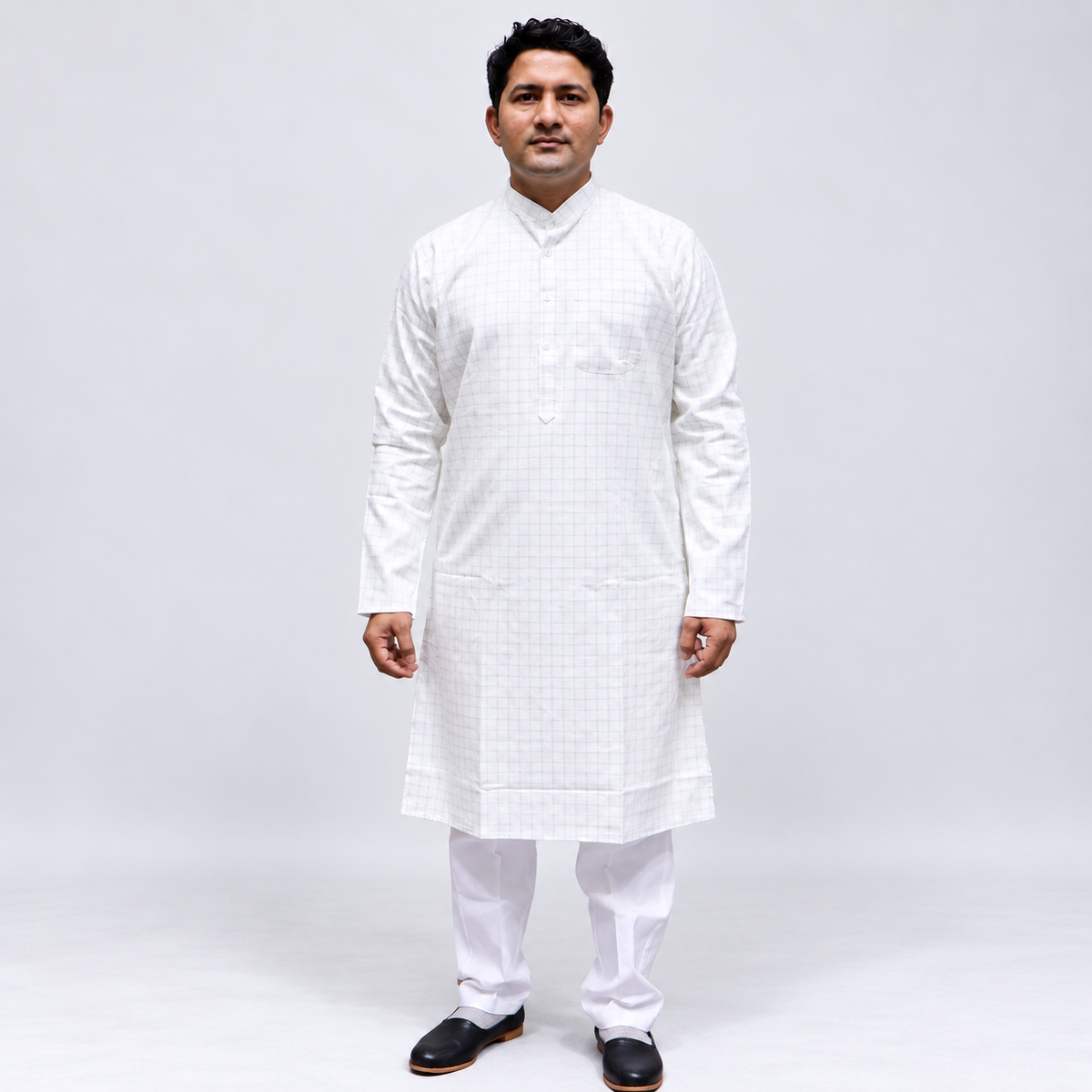White checked Linen men’s kurta front view