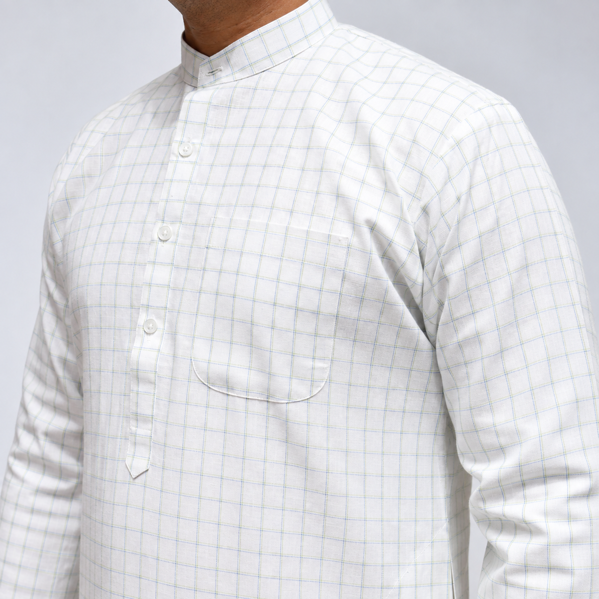 White checked Linen men’s kurta side view with chest pocket