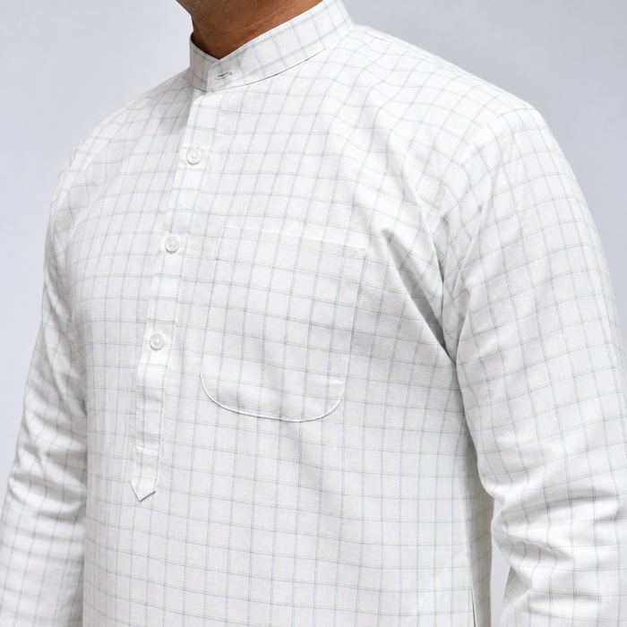 White Checked Linen Men’s Kurta – Mandarin Collar, Full Sleeves & Chest Pocket