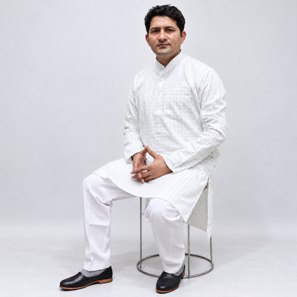 White checked Linen men’s kurta mandarin collar and button detailing