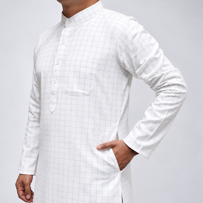 White checked Linen kurta styled in traditional ethnic wear