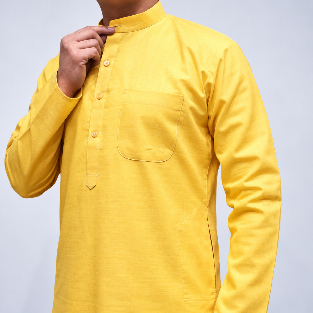 Yellow Cotton men’s kurta mandarin collar