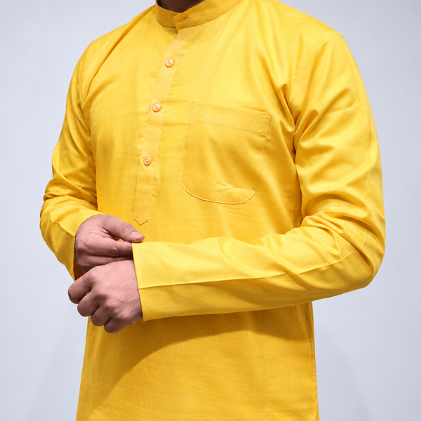 Yellow Cotton Men’s Kurta – Mandarin Collar, Full Sleeves & Chest Pocket