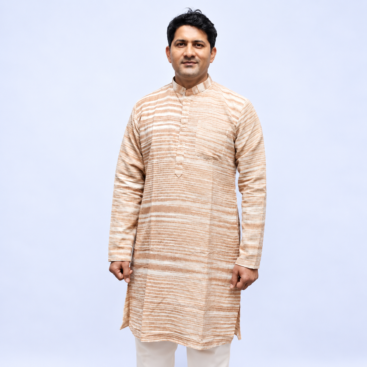 Beige striped Khadi cotton kurta for men