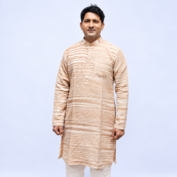 Beige Khadi Cotton Men’s Kurta – Striped Full Sleeve Traditional Ethnic Wear