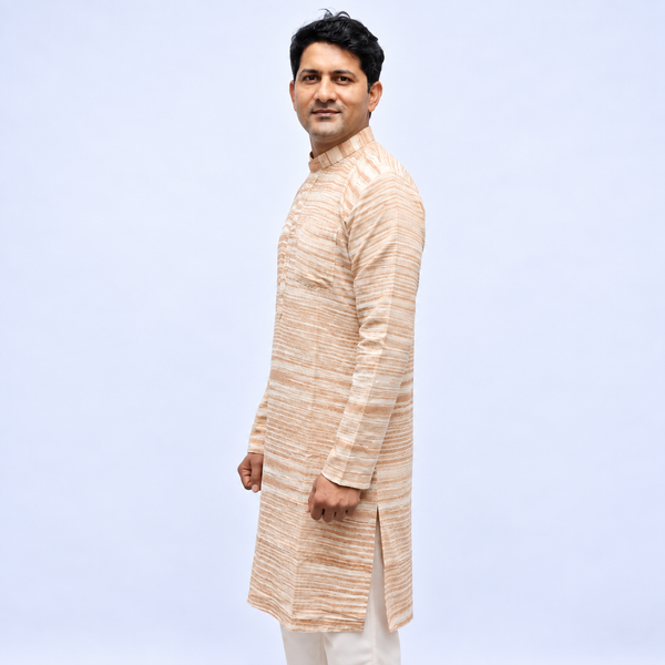 Beige Khadi Cotton Men’s Kurta – Striped Full Sleeve Traditional Ethnic Wear