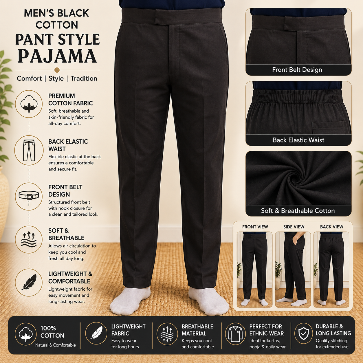Infographic of men black cotton pant style pajama with front belt and back elastic design