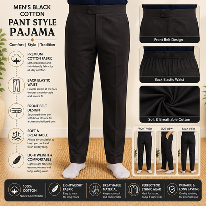 Infographic of men black cotton pant style pajama with front belt and back elastic design