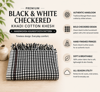 Infographic of black and white checkered khadi cotton khesh with product features