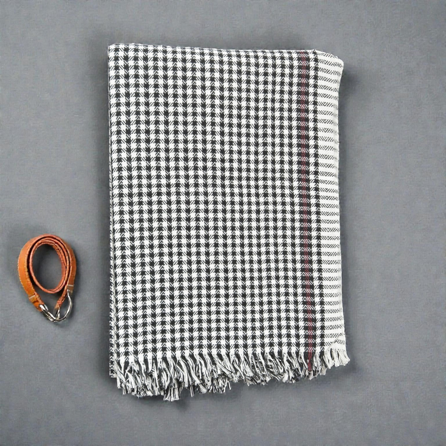 Folded black white handwoven khadi cotton khesh with tassel detailing