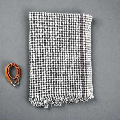 Folded black white handwoven khadi cotton khesh with tassel detailing