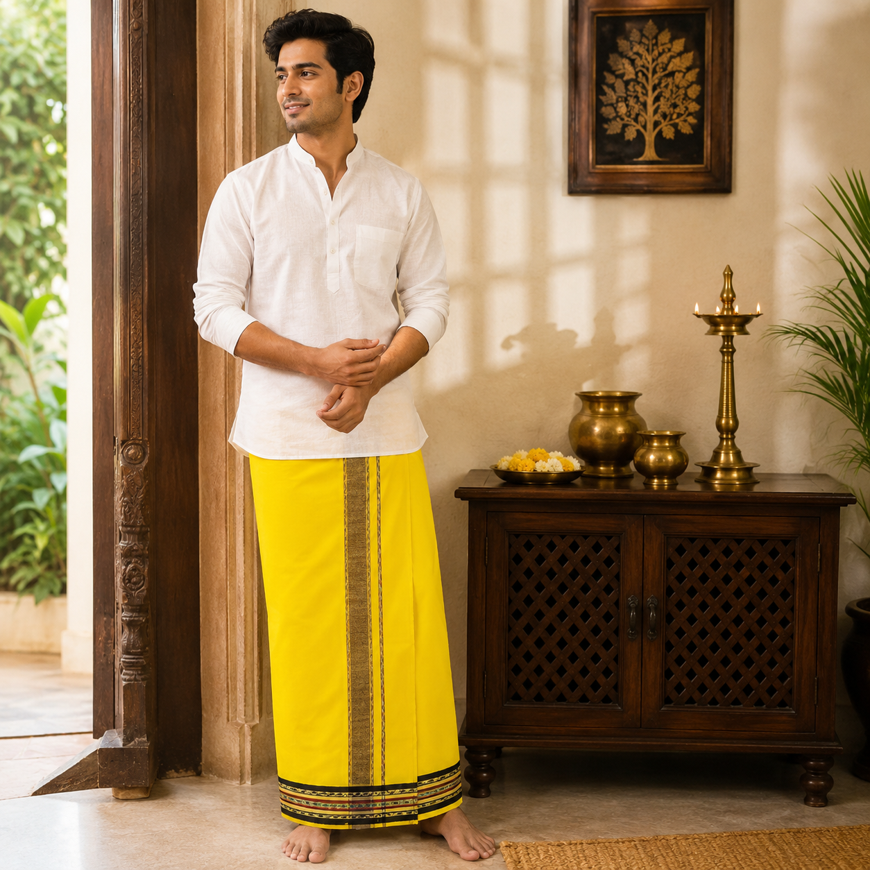 Model wearing premium bright yellow khadi cotton dhoti with black and gold zari border