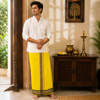Premium Bright Yellow Khadi Cotton Dhoti with Black & Gold Zari Border | Handwoven Traditional Ethnic Wear