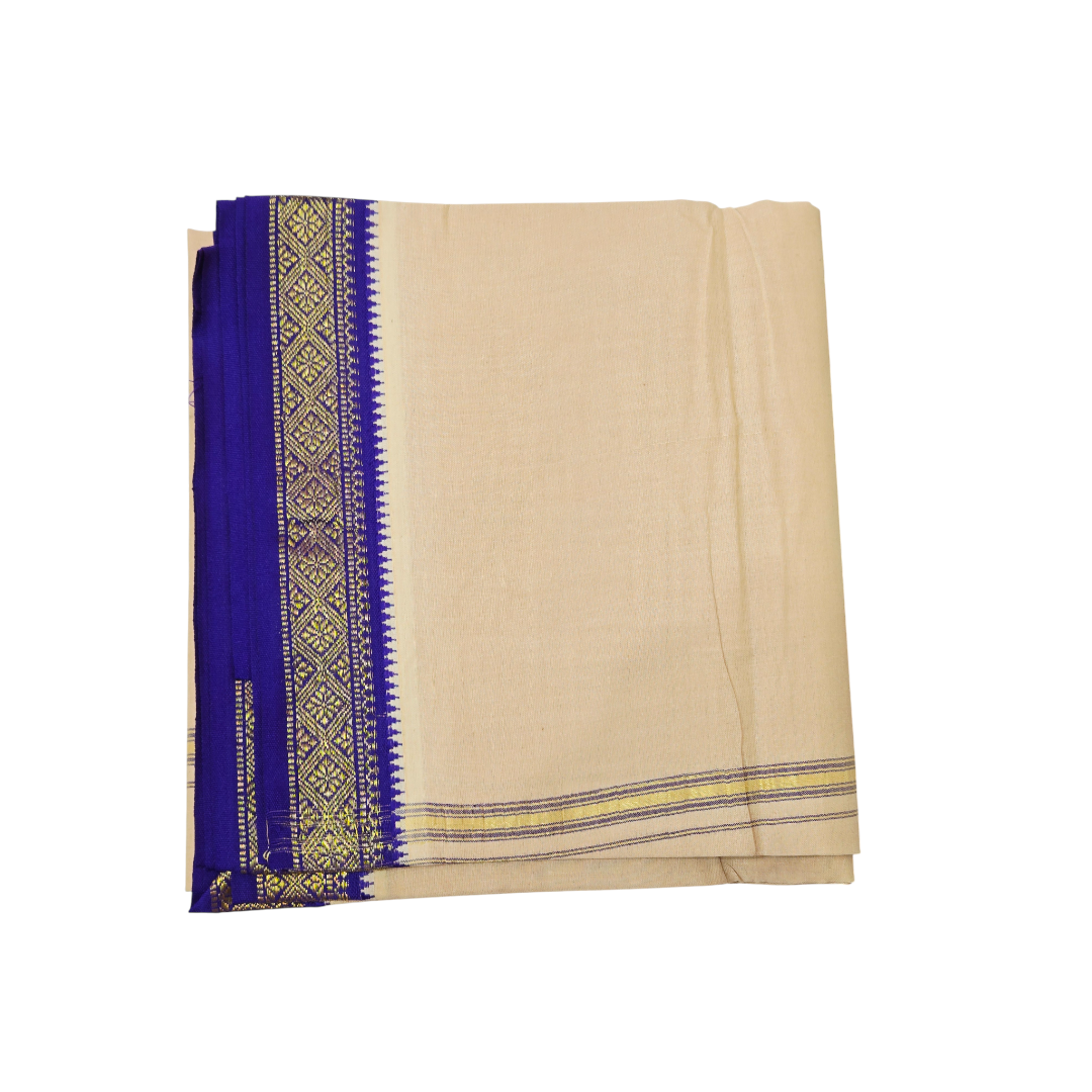 Folded cream khadi cotton dhoti with royal blue and gold zari woven border