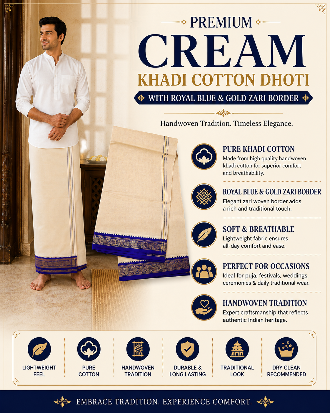 Infographic of premium cream khadi cotton dhoti with royal blue and gold zari border and traditional features