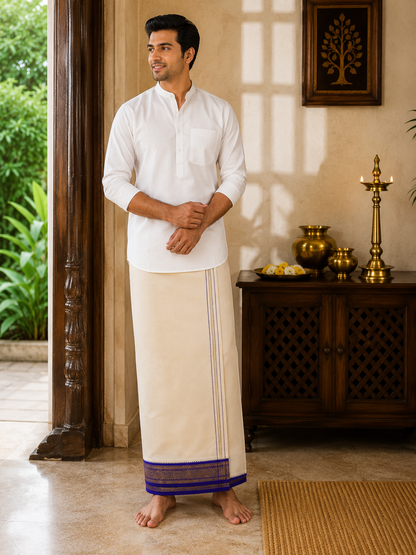 Model wearing premium cream khadi cotton dhoti with royal blue and gold zari border