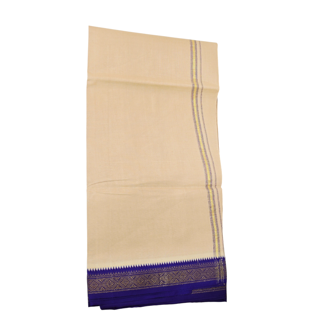 Traditional cream khadi cotton dhoti side view with elegant zari border