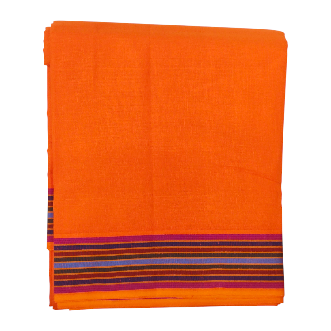 Folded kesari khadi cotton dhoti with traditional maroon woven border