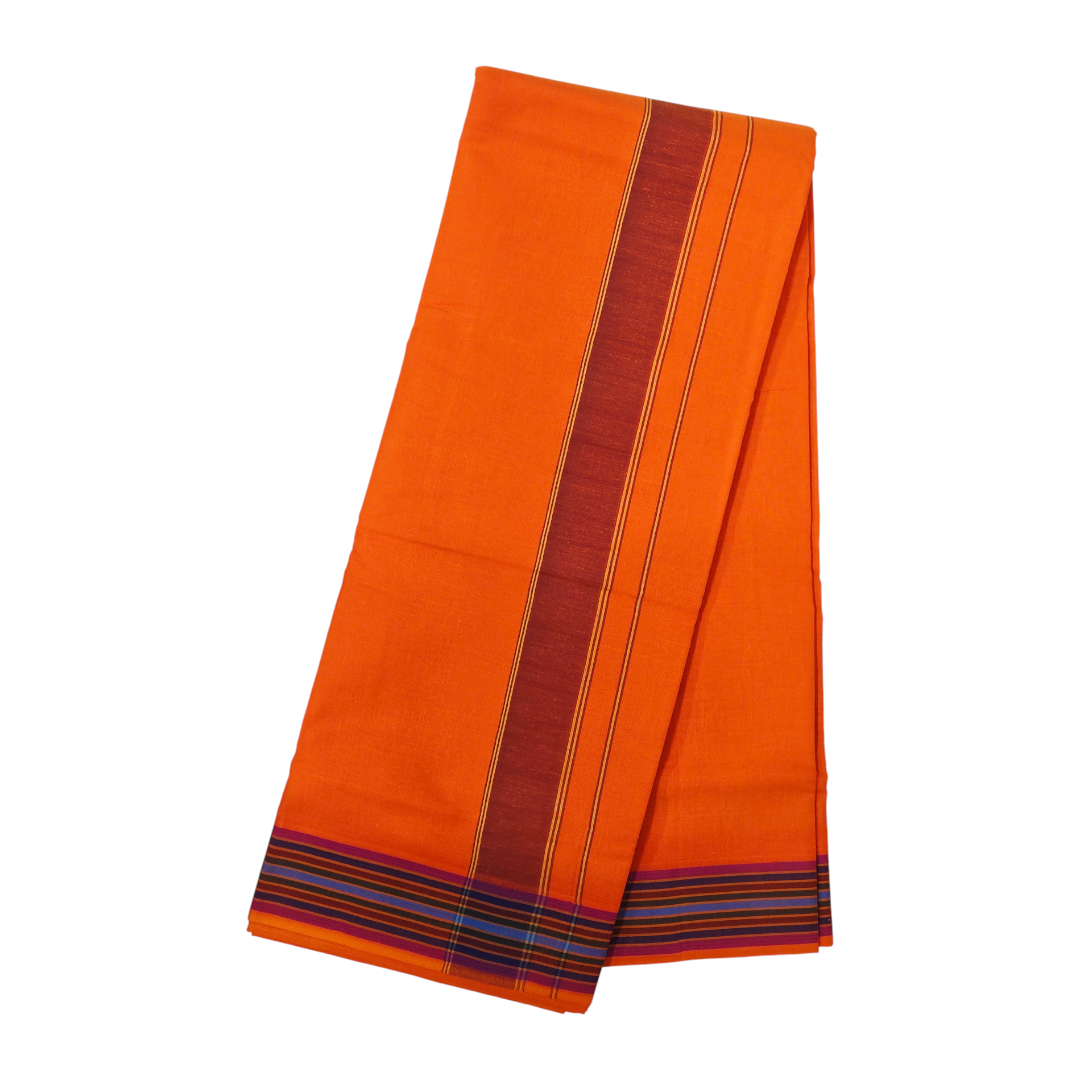 Premium kesari khadi cotton dhoti front view with maroon multi-color border