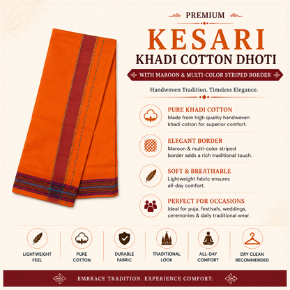 Infographic of premium kesari khadi cotton dhoti with maroon multi-color striped border and traditional features