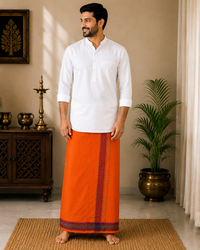 Premium Kesari Khadi Cotton Dhoti with Maroon & Multi-Color Striped Border | Handwoven Traditional Ethnic Wear