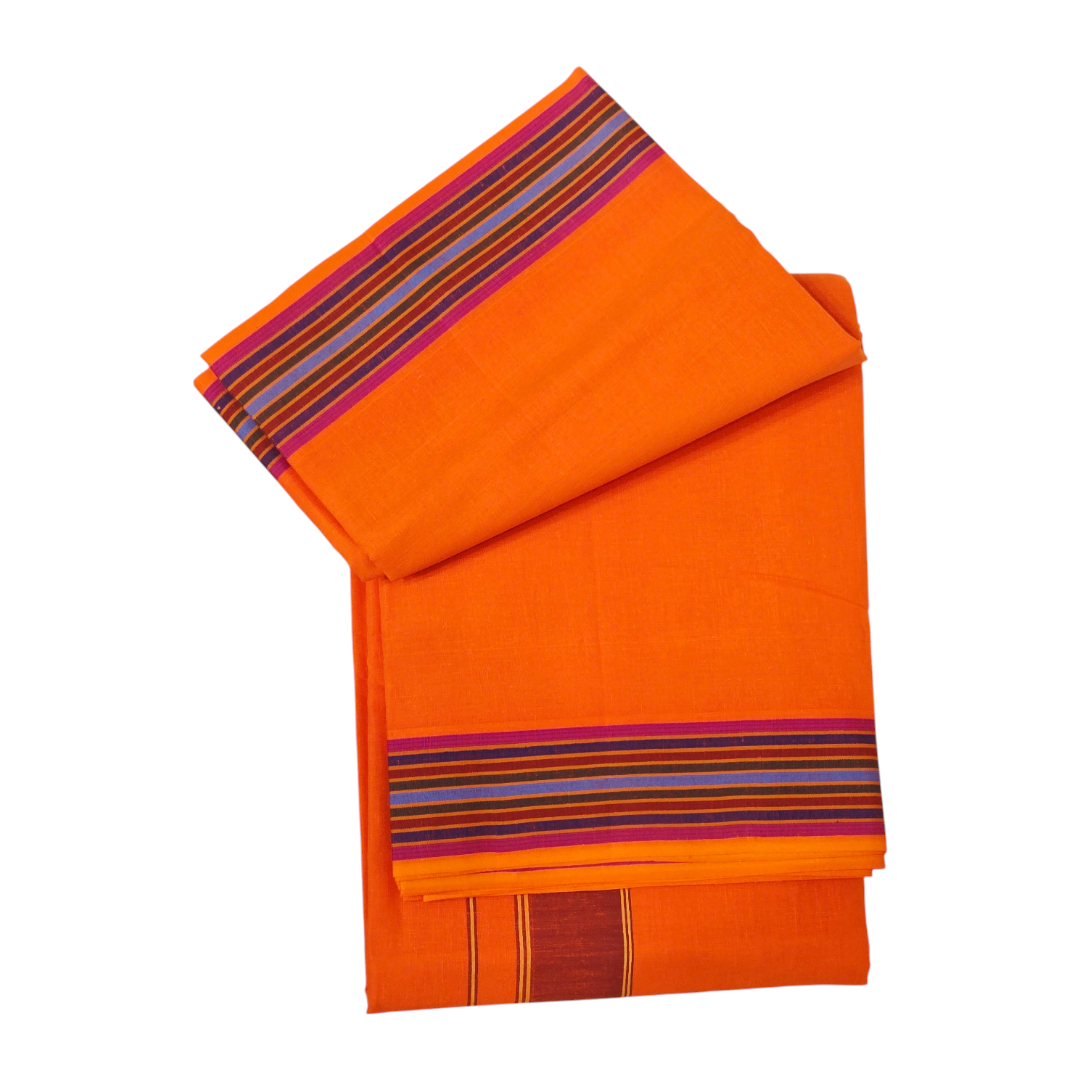 Side folded view of premium kesari khadi cotton dhoti with striped border