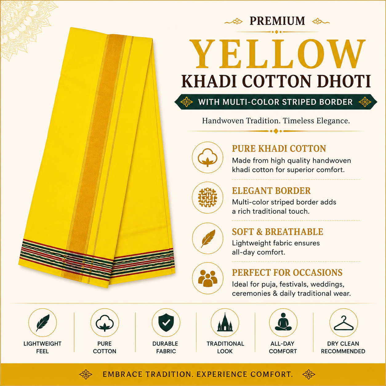 Infographic of premium yellow khadi cotton dhoti with multi-color striped border and traditional features
