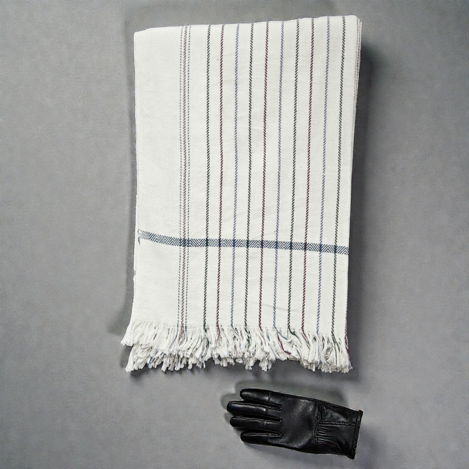 Full view of white khadi cotton khesh with blue stripes and tassels