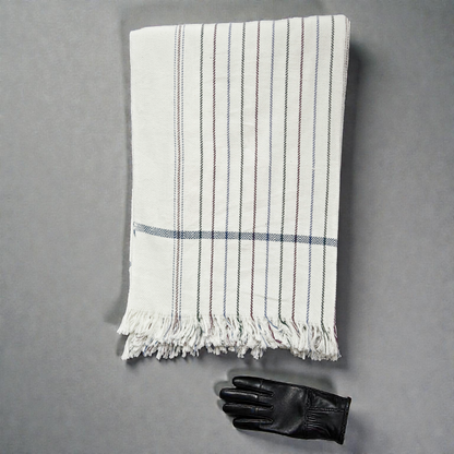 Full view of white khadi cotton khesh with blue stripes and tassels
