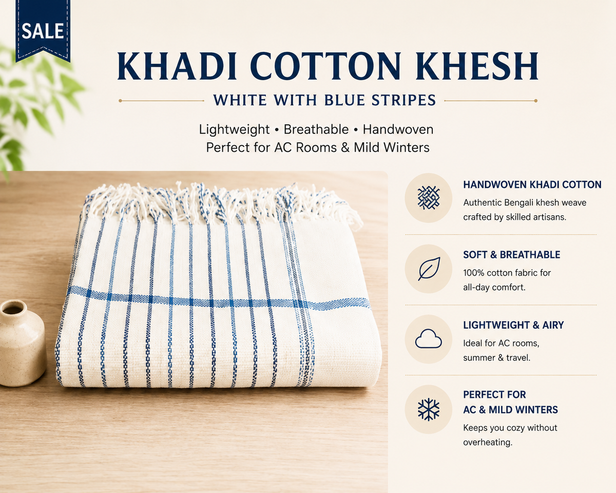 Infographic of white striped khadi cotton khesh blanket with product features