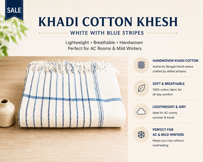 Infographic of white striped khadi cotton khesh blanket with product features