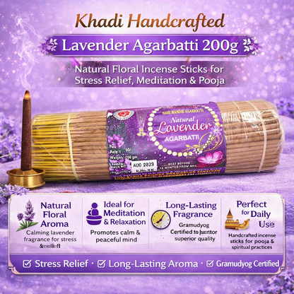 Khadi Handcrafted Lavender Agarbatti 200g  – Natural Floral Incense Sticks for Stress Relief, Meditation & Pooja – Long-Lasting Fragrance (Gramudyog Certified)