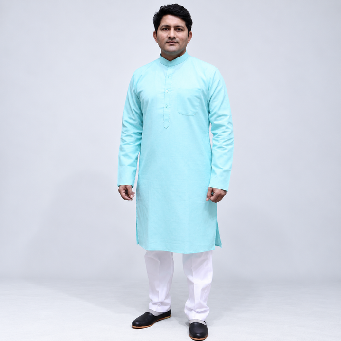Sky Blue Cotton Men’s Kurta – Full Sleeves, Mandarin Collar & Chest Pocket