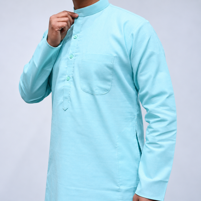 Sky Blue Cotton Men’s Kurta – Full Sleeves, Mandarin Collar & Chest Pocket