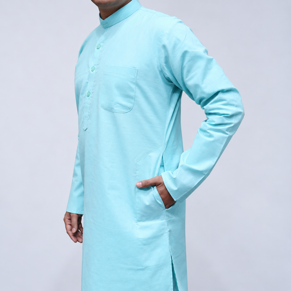 Sky Blue Cotton men’s kurta full sleeve side view