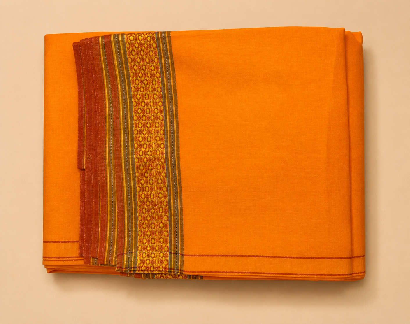 Folded orange cotton dhoti set with traditional woven border and angavastram