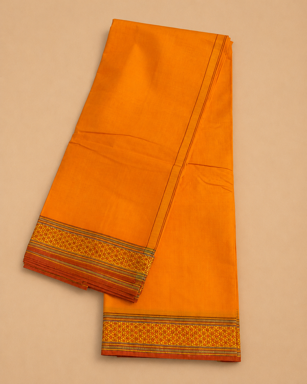 Orange Cotton Dhoti Set with Angavastram for Men | Traditional South Indian Dhoti