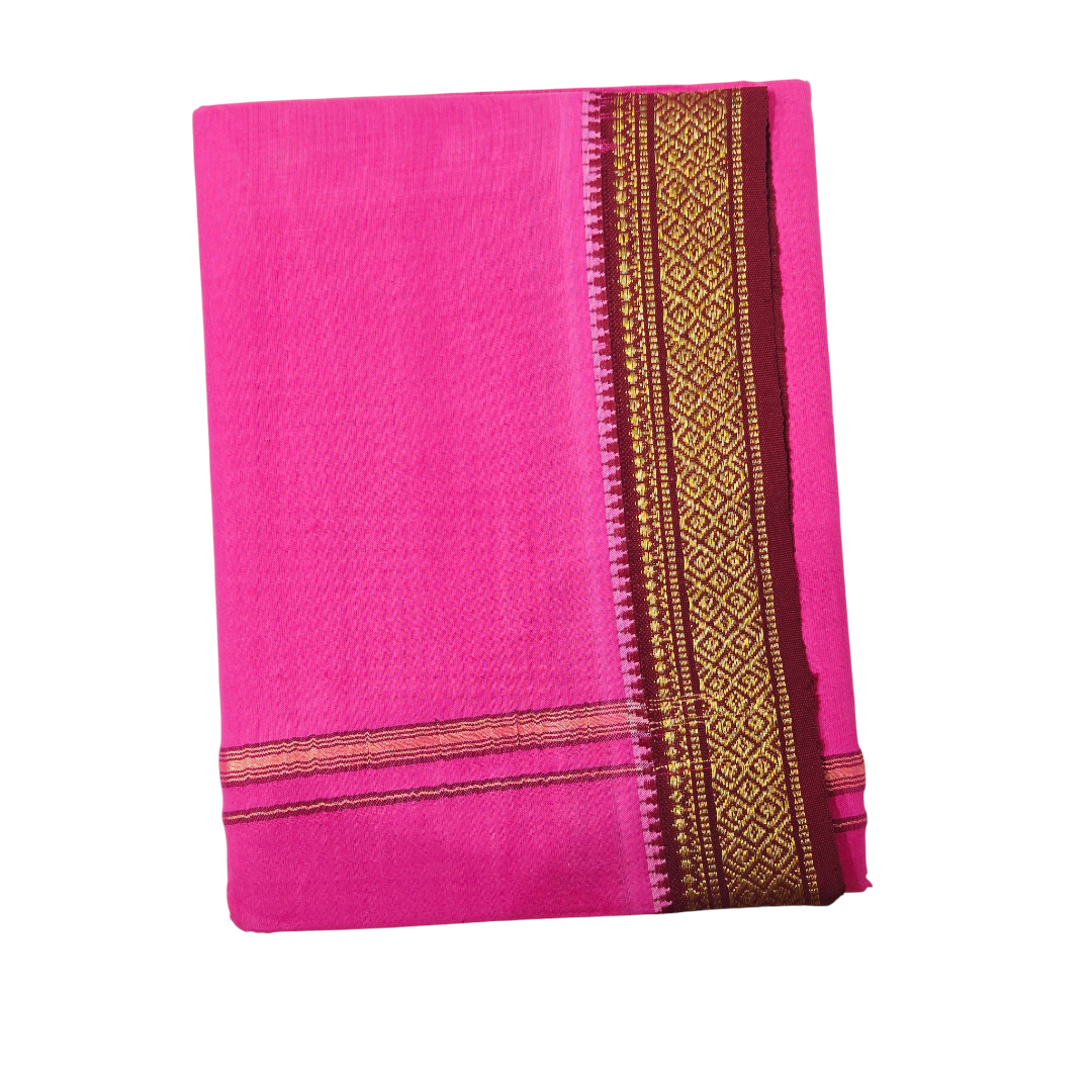 Folded pink khadi cotton dhoti with maroon and gold zari woven border