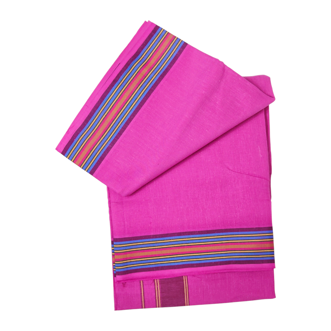Premium pink khadi cotton dhoti folded with colorful woven border detail