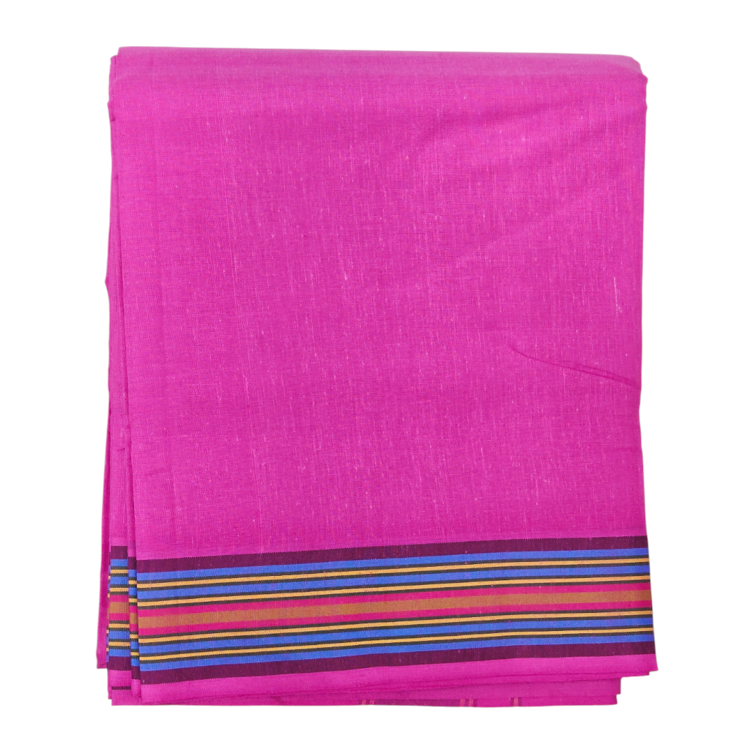 Folded pink khadi cotton dhoti with multi-color striped border