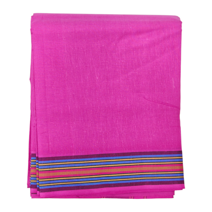 Folded pink khadi cotton dhoti with multi-color striped border
