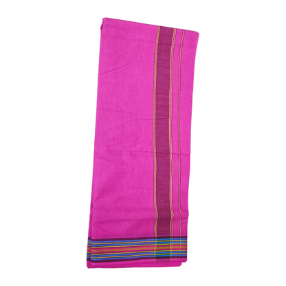 Traditional pink khadi cotton dhoti with purple stripe and woven border