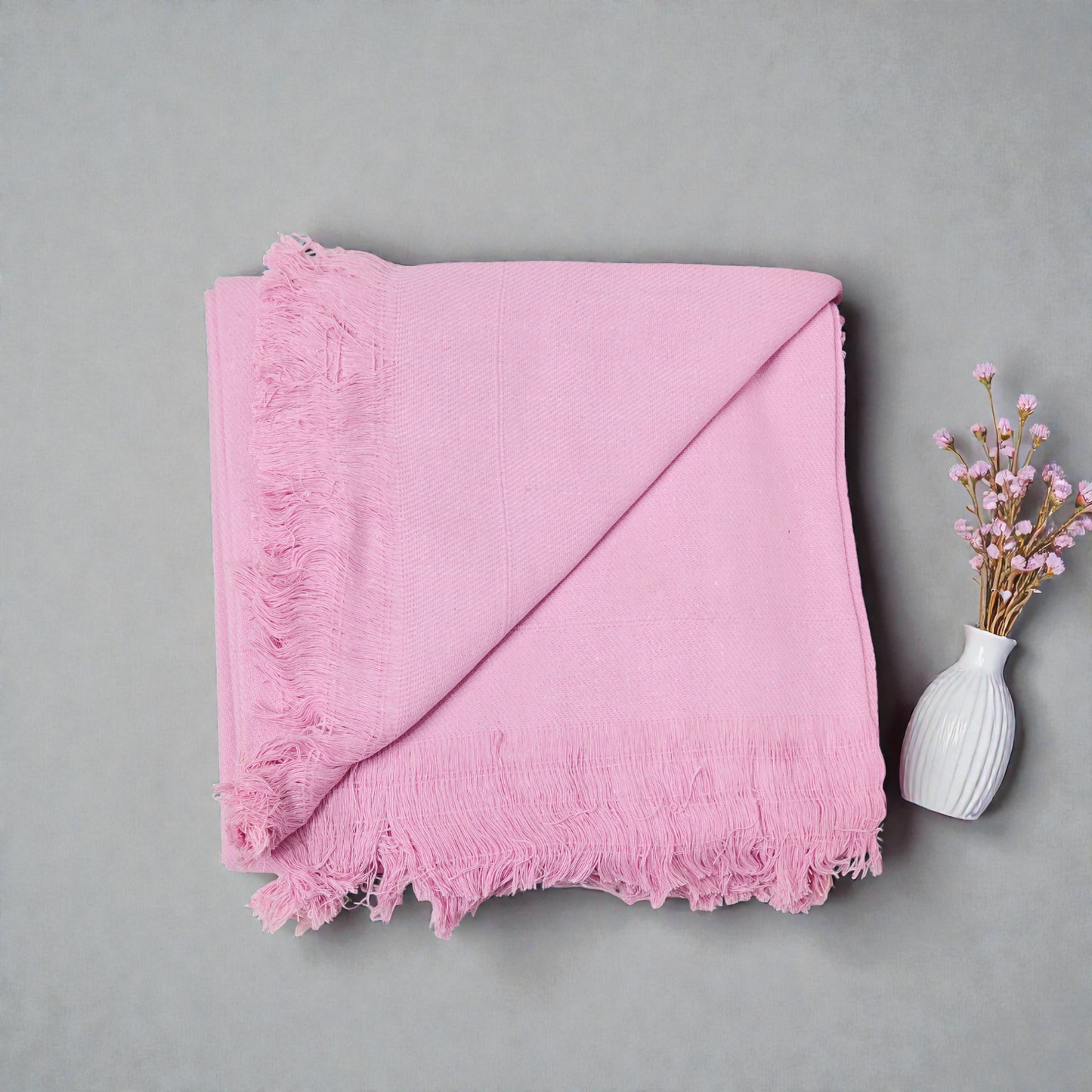 Pink khadi cotton khesh with handcrafted fringed border detail