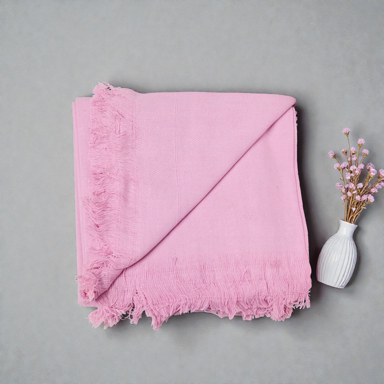 Pink khadi cotton khesh with handcrafted fringed border detail