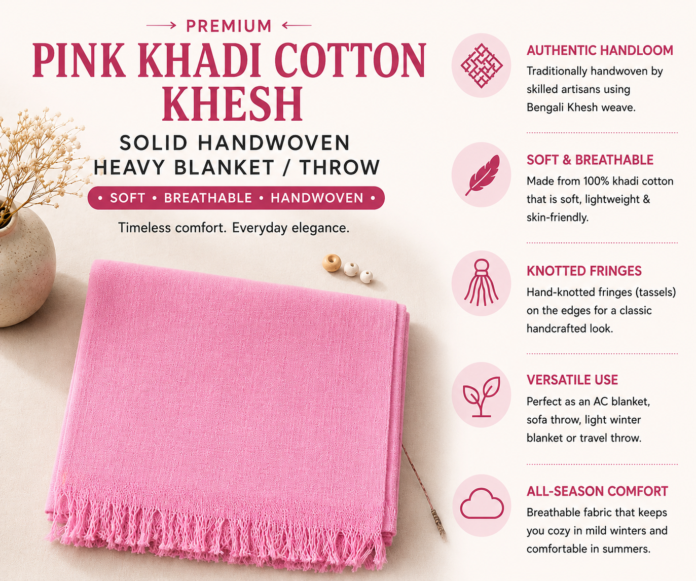 Infographic of pink khadi cotton khesh showing fabric features and benefits