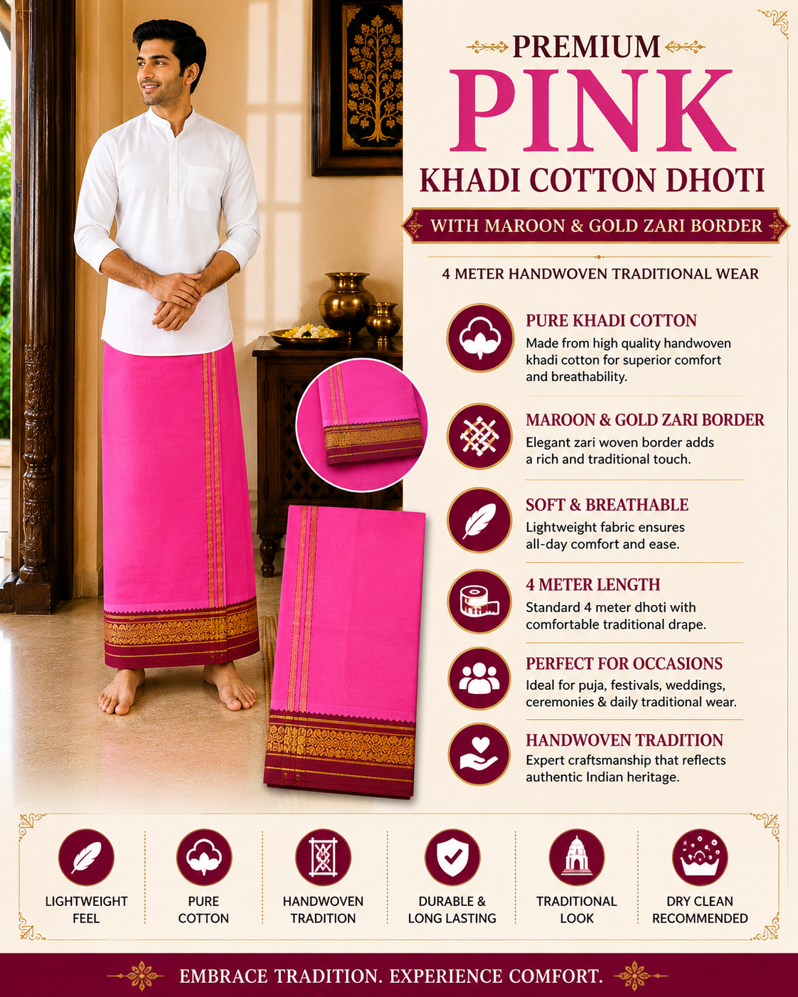 Infographic of premium pink khadi cotton dhoti with maroon and gold zari border and traditional features