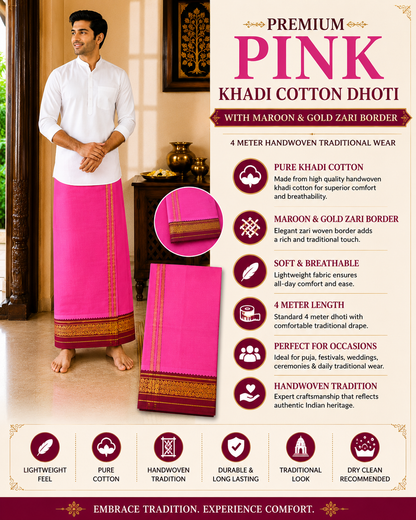 Infographic of premium pink khadi cotton dhoti with maroon and gold zari border and traditional features