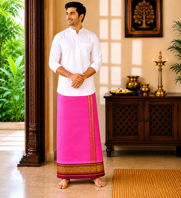 Pink Khadi Cotton Dhoti with Maroon & Gold Zari Border | 4 Meter Handwoven Traditional Ethnic Wear