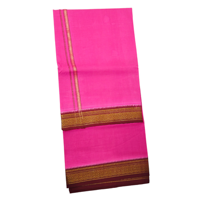 Premium pink khadi cotton dhoti front view with maroon gold zari border